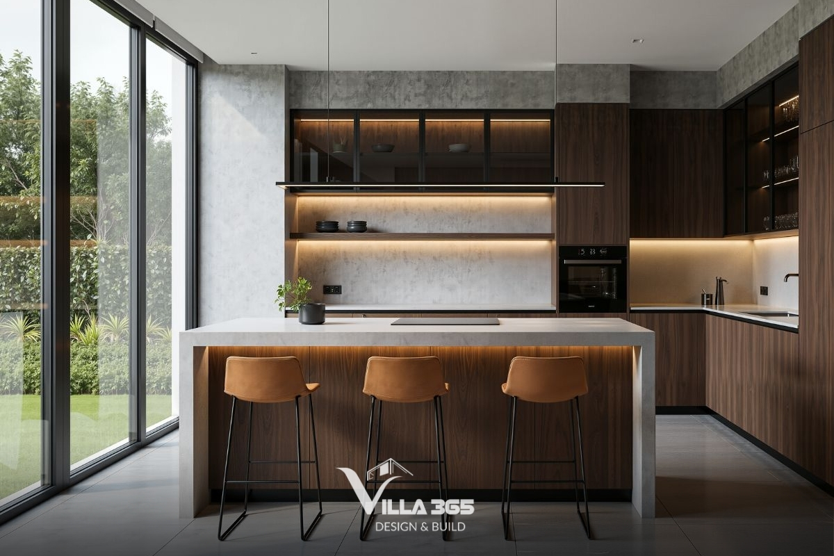 Bảng vật liệu trung tính với bê tông, đá trắng và gỗ nâu tạo nên sự cân bằng thị giác