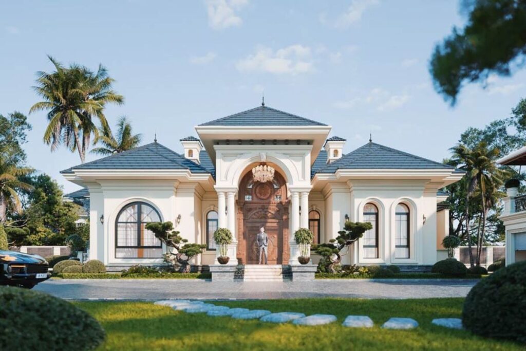 Sự kết hợp độc đáo giữa tân cổ điển châu Âu và mái Nhật hiện đại tạo vẻ đẹp thanh thoát, chống nóng tối ưu, thoát nước nhanh