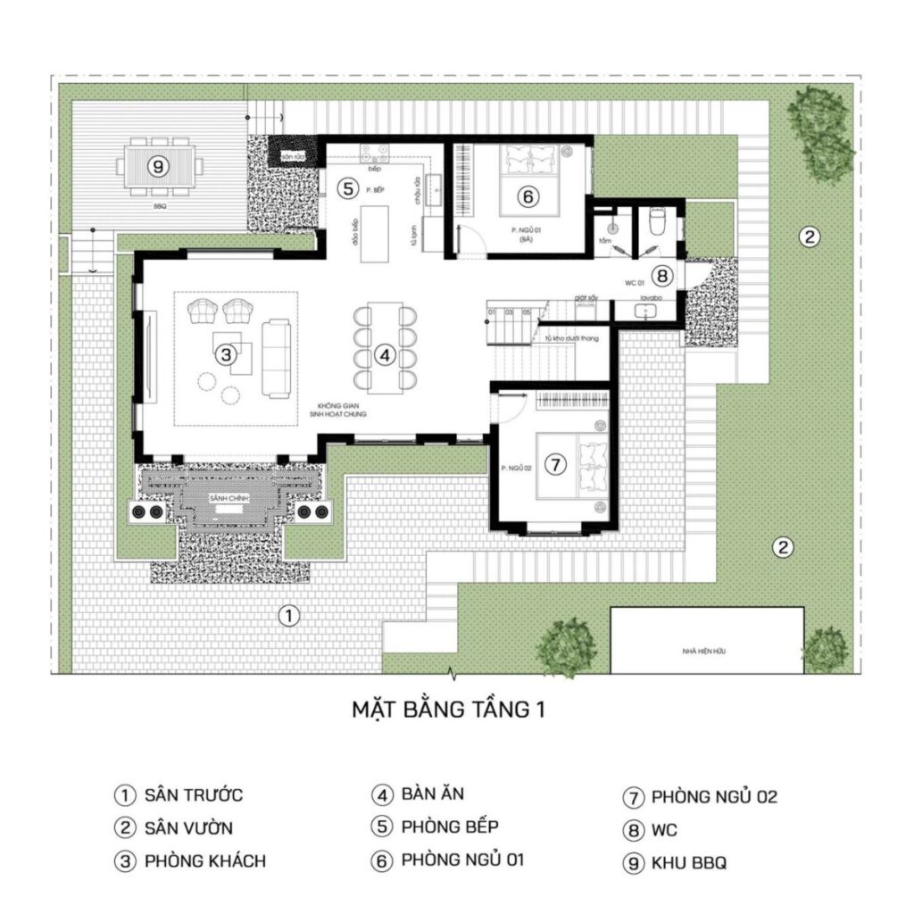 Bản vẽ biệt thự nhà vườn bao gồm phòng khách trung tâm thông thoáng, bếp-ăn mở ra sân vườn sau, phòng ngủ master hướng Đông Nam đón nắng sáng