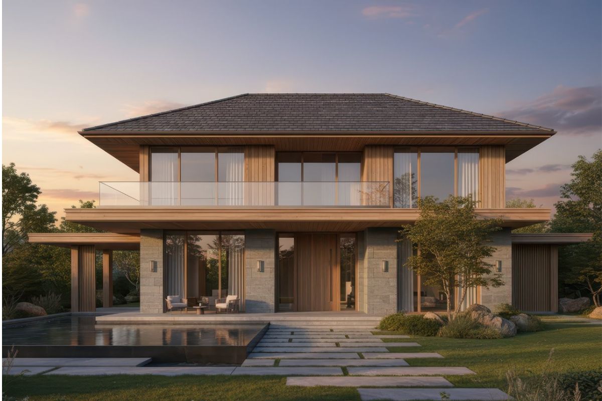 Mẫu nhà vườn hiện đại 2 tầng tận dụng hệ kính lớn để lấy sáng và thông gió (Ảnh: Sưu tầm)