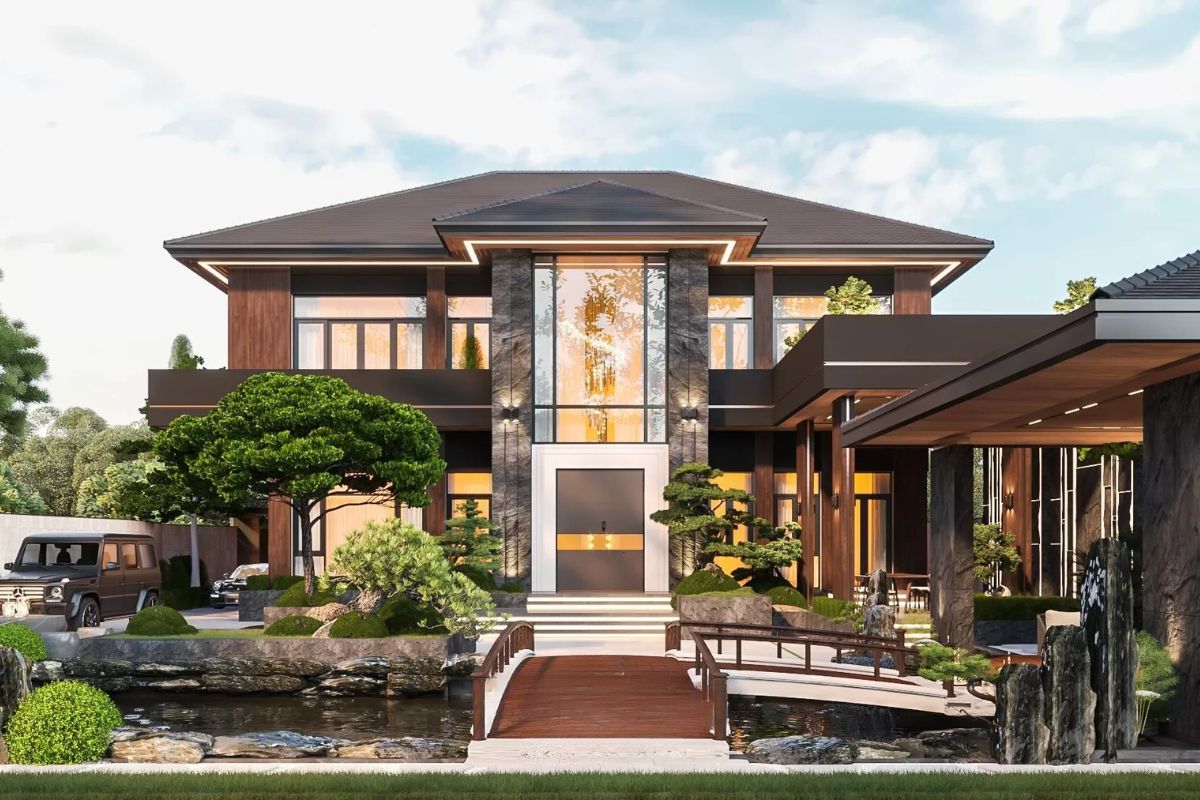 Nhà vườn với lối đi quanh hồ tạo không gian nghệ thuật thư giãn 