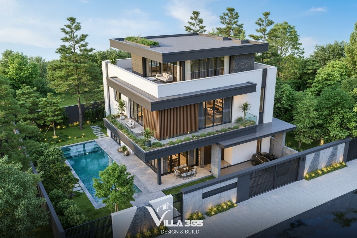 Hình khối kiến trúc rõ ràng giúp biệt thự nhà vườn 3 tầng hiện đại trở nên nổi bật và hiện đại 