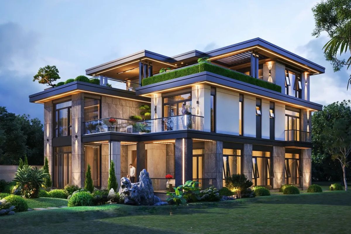 Quy hoạch cảnh quan nhiều lớp giúp biệt thự nhà vườn 3 tầng hiện đại trở nên sinh động và giàu chiều sâu (Ảnh: Sưu tầm)