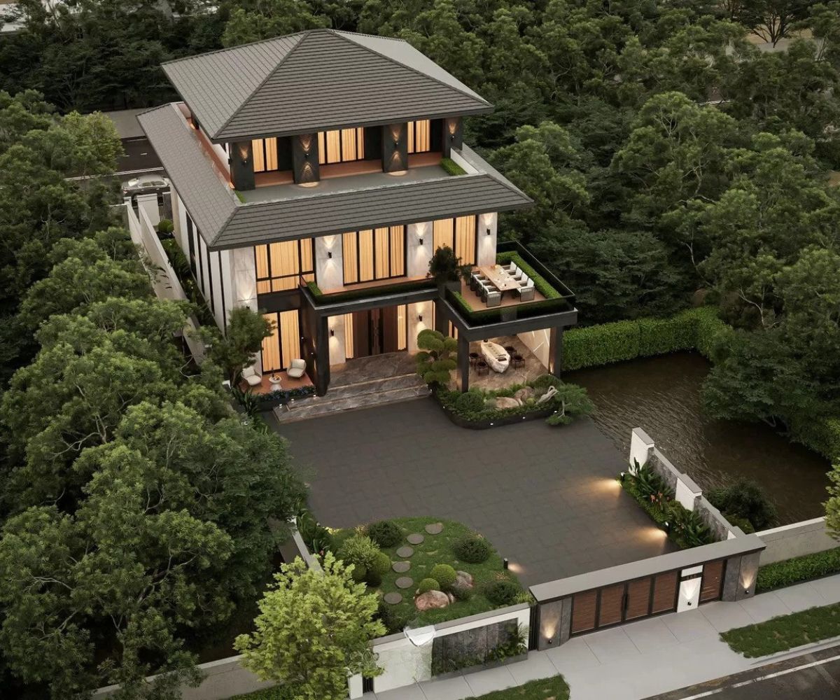 Hệ thống chiếu sáng giúp biệt thự hiện đại 3 tầng trở nên lung linh và sang trọng về đêm (Ảnh: Sưu tầm)