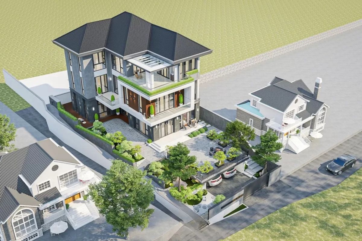 Sân vườn rộng tích hợp tiện ích giúp biệt thự nhà vườn 3 tầng hiện đại nâng tầm trải nghiệm sống (Ảnh: Sưu tầm)