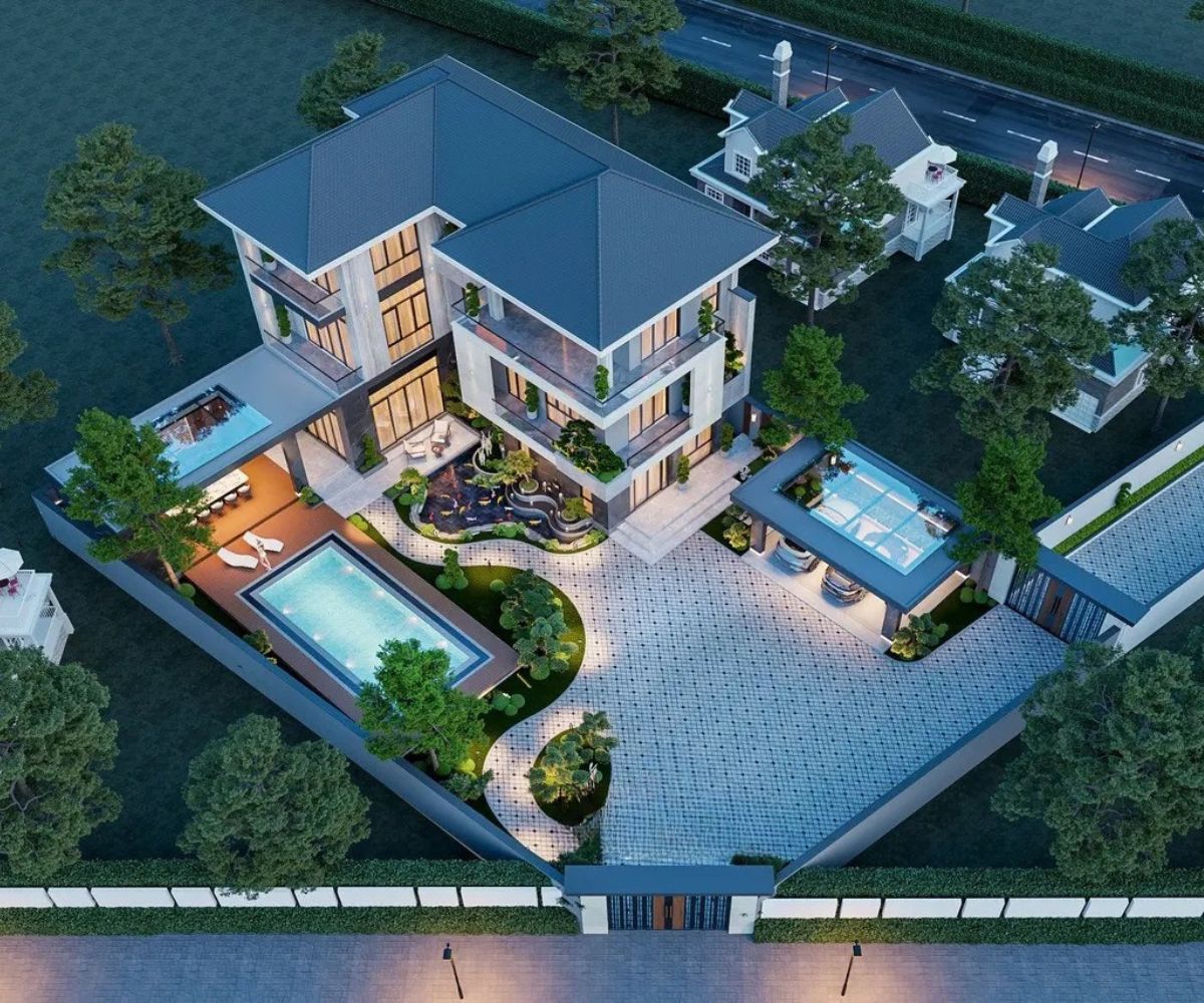 Bố trí hồ cá hợp lý giúp biệt thự nhà vườn 3 tầng hiện đại thêm phần thư thái và cân bằng năng lượng  (Ảnh: Sưu tầm)