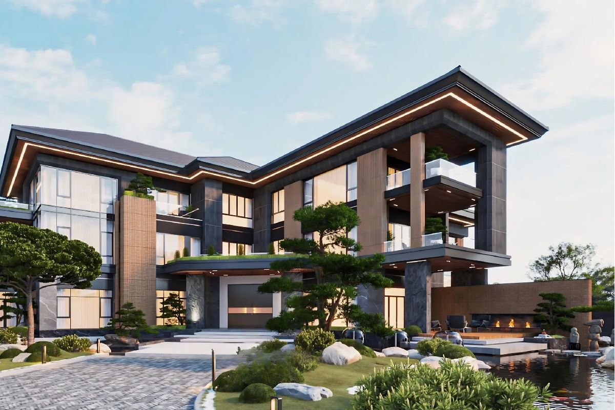 Hồ cá góp phần điều hòa không khí cho mẫu nhà vườn 3 tầng đẹp (Ảnh: Sưu tầm)