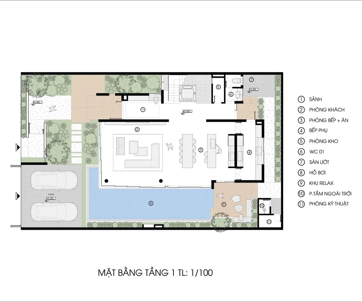 Không gian sinh hoạt chung trong biệt thự nhà vườn 3 tầng hiện đại được thiết kế mở, kết nối trực tiếp với sân vườn (Ảnh: Sưu tầm)