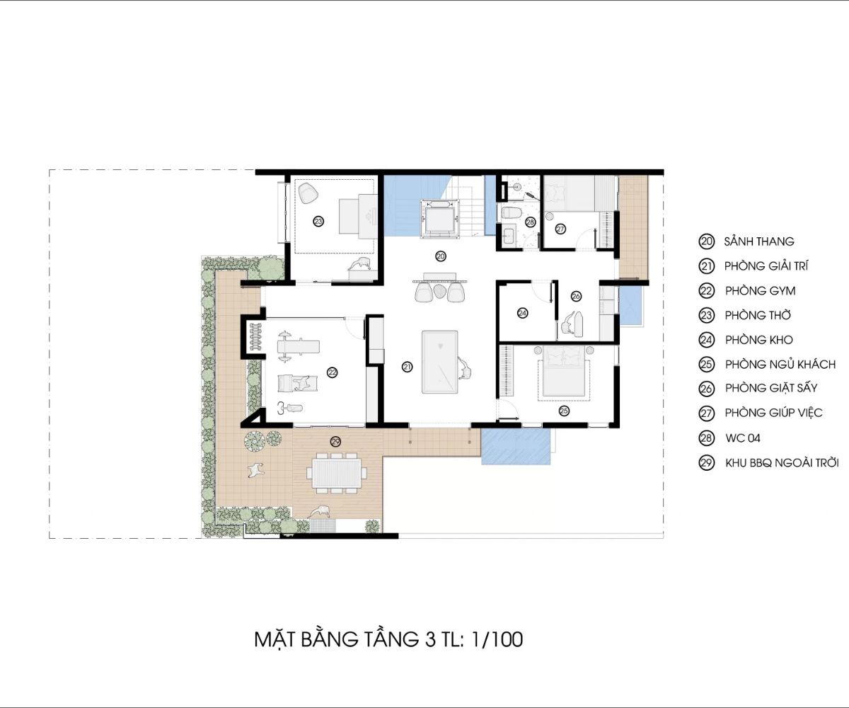 Tầng 3 là không gian thư giãn lý tưởng, tạo điểm nhấn khác biệt cho biệt thự nhà vườn 3 tầng hiện đại (Ảnh: Sưu tầm)