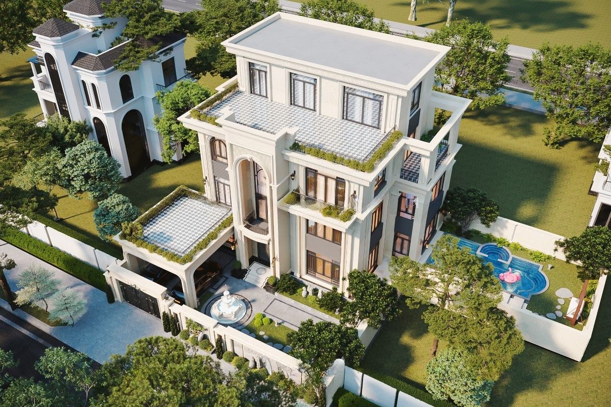 Biệt thự sân vườn đẹp kết hợp hồ bơi giúp tăng giá trị và điều hòa không khí (Ảnh: Sưu tầm)