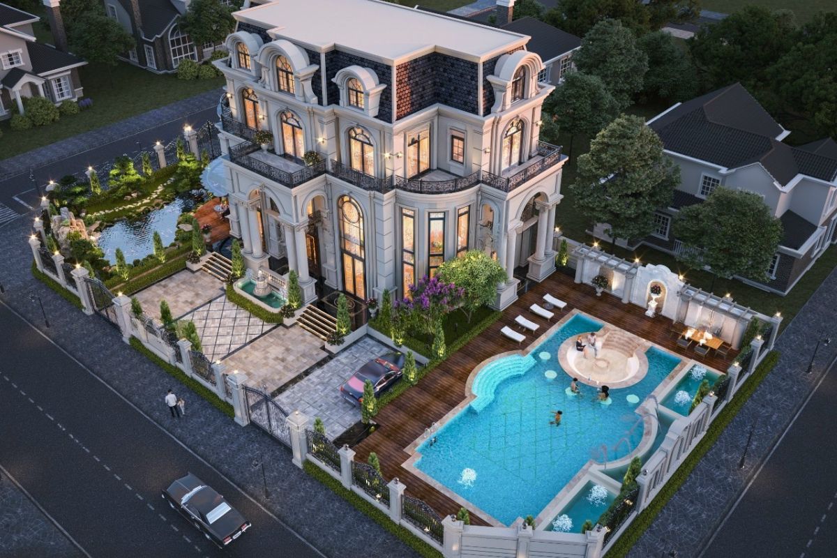 Hồ bơi lung linh giúp biệt thự sân vườn đẹp nổi bật cả ngày lẫn đêm (Ảnh: Sưu tầm)