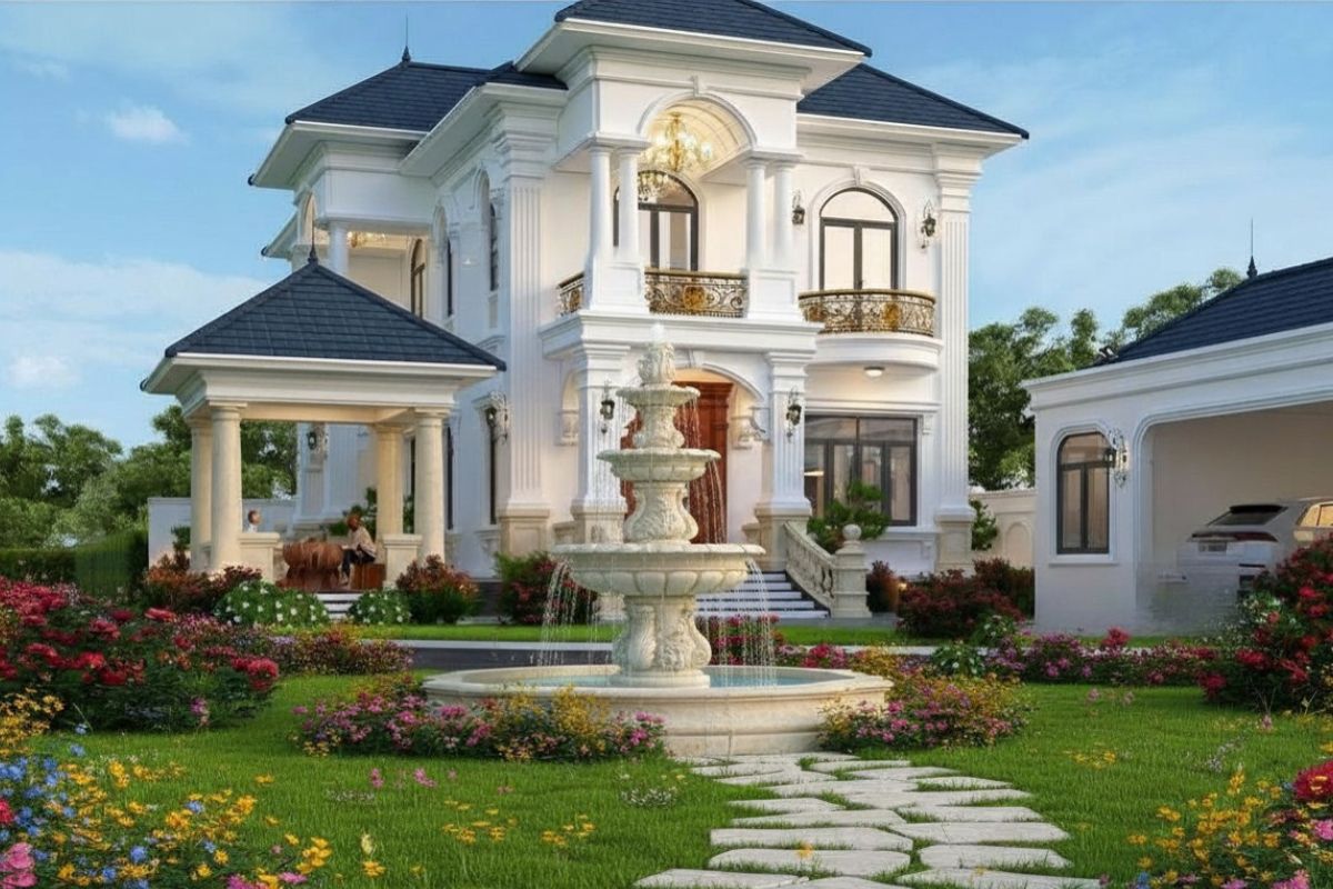 Tiểu cảnh giúp biệt thự nhà vườn tân cổ điển tăng tính phong thủy và thư giãn (Ảnh: Sưu tầm)