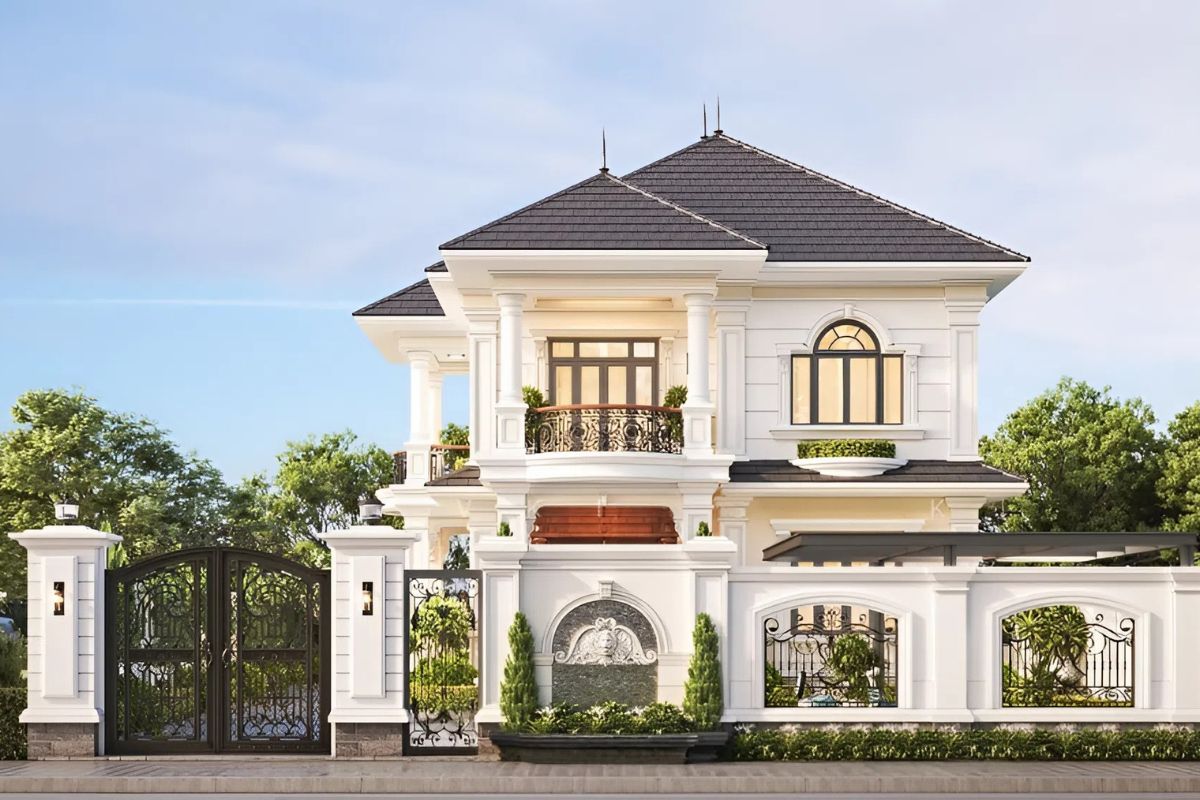 Thiết kế biệt thự tân cổ điển 2 tầng 1 tỷ tích hợp gara ô tô, đồng bộ với tổng thể kiến trúc. (Ảnh: Sưu tầm)