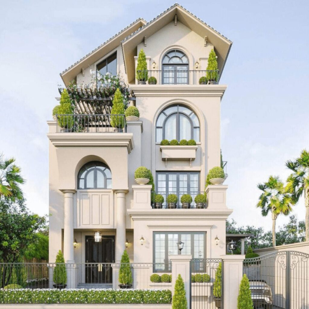 Biệt thự 4 tầng mái Thái với độ dốc lớn đem lại vẻ đẹp thanh thoát và phù hợp với khí hậu nhiệt đới nóng ẩm Việt Nam