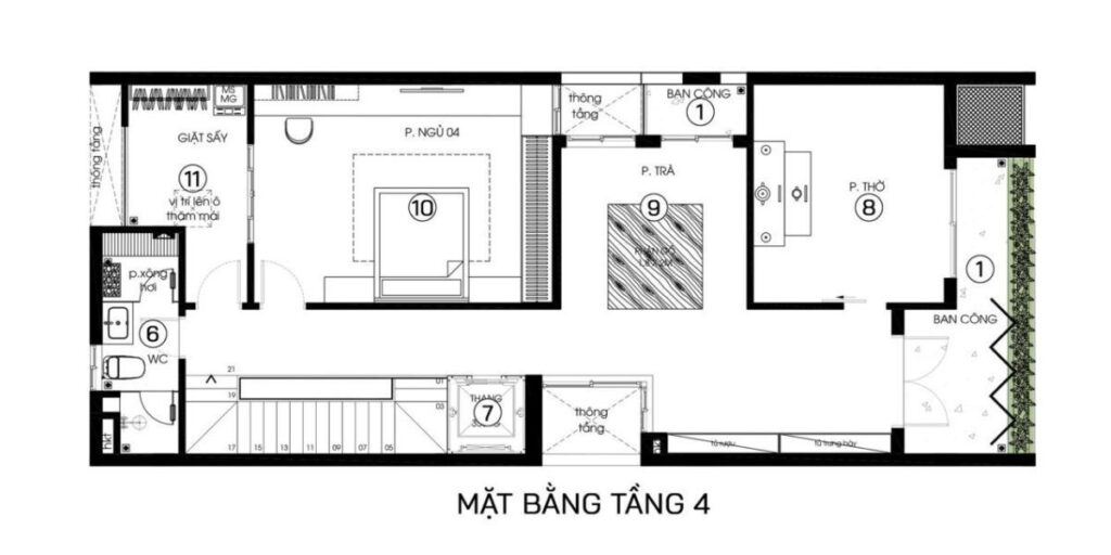 Khu vực tầng cao nhất thường được quy hoạch cho không gian tâm linh trang nghiêm kết hợp với các tiện ích thư giãn như vườn trên cao hay khu vực BBQ ngoài trời