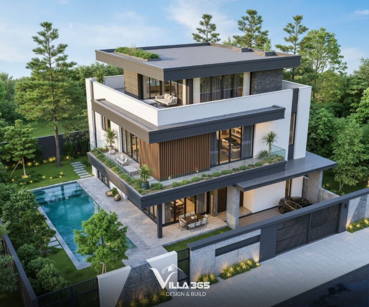 Không gian xanh kết hợp mặt nước giúp mẫu biệt thự hiện đại có hồ bơi trở nên thoáng đãng, gần gũi thiên nhiên