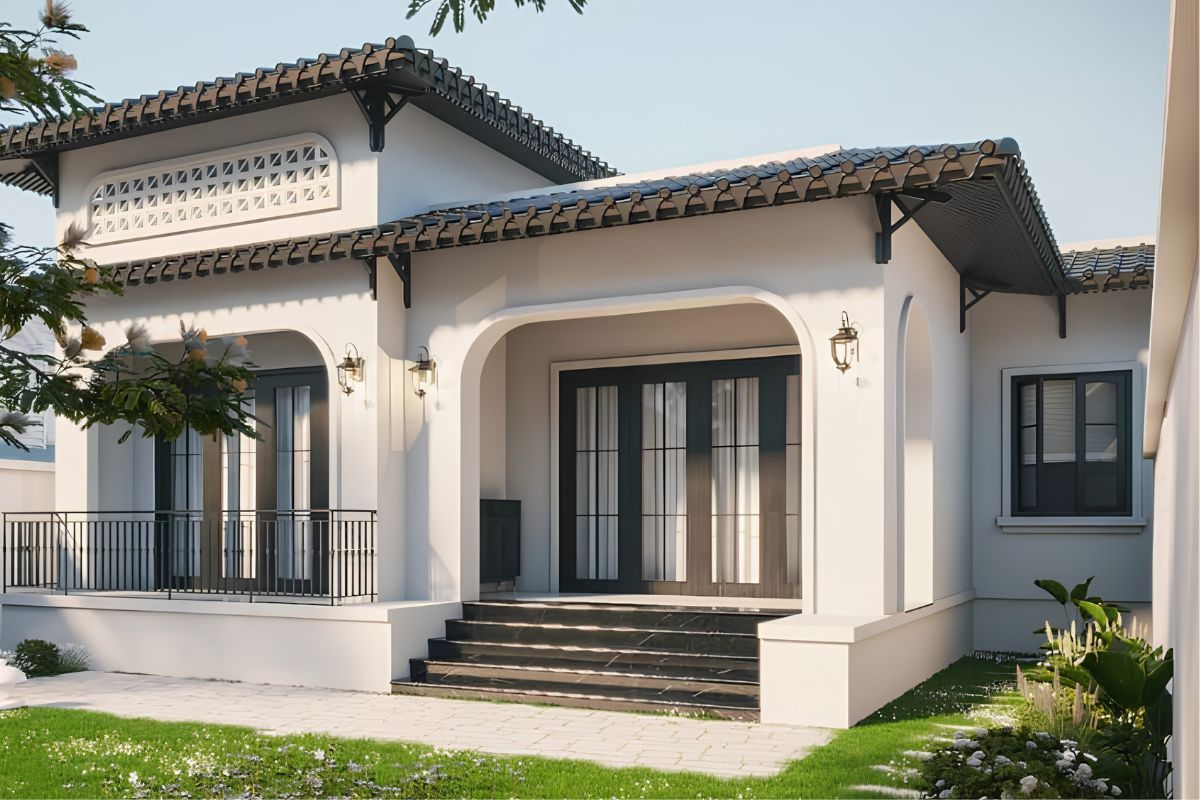 Ngoại thất thiết kế biệt thự Indochine 1 tầng trải rộng, tạo cảm giác vững chãi (Ảnh: Sưu tầm)