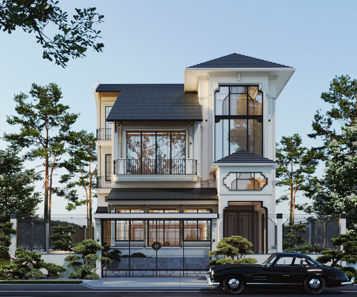 Mặt tiền tối giản giúp thiết kế biệt thự Indochine thanh thoát hơn (Ảnh: Sưu tầm)