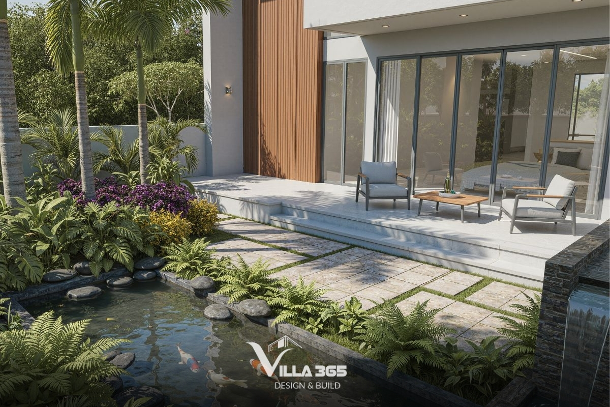 Sân vườn phía sau đóng vai trò vùng đệm vi khí hậu, tối ưu hướng gió Đông Nam cho không gian thư giãn