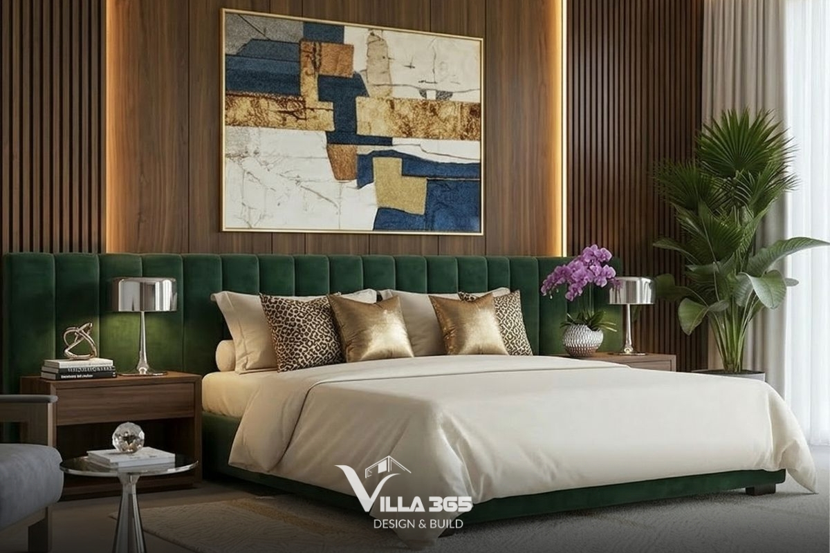 Sự kết hợp giữa màu xanh lá của đầu giường và vách gỗ nâu ấm tạo nên sự vững chãi, bình an