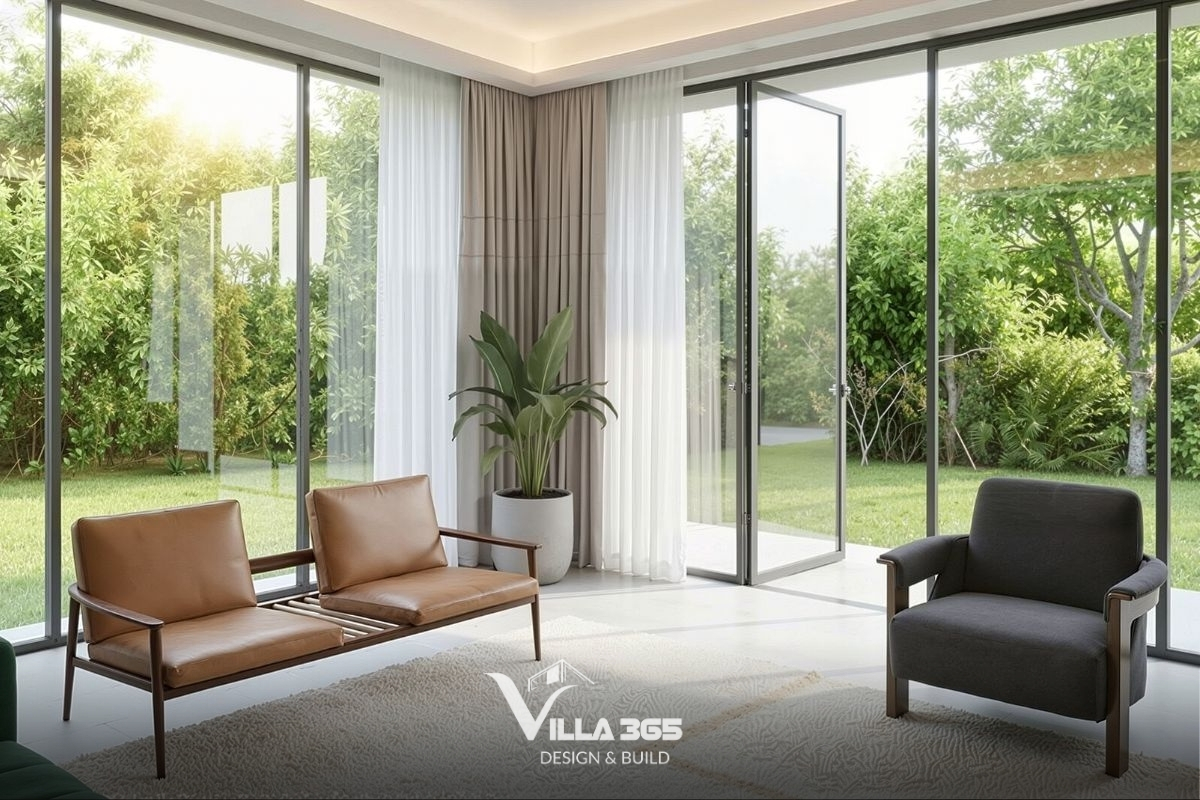 Hệ cửa kính lớn thiết lập mối liên kết thị giác liên tục giữa nội thất và cảnh quan bên ngoài