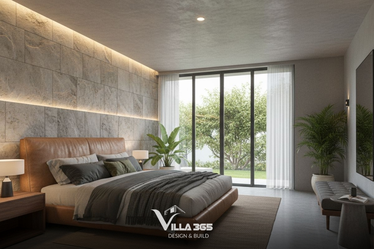 Các bề mặt tường thô mộc được xử lý có chủ đích nhằm tăng chiều sâu cảm xúc cho không gian