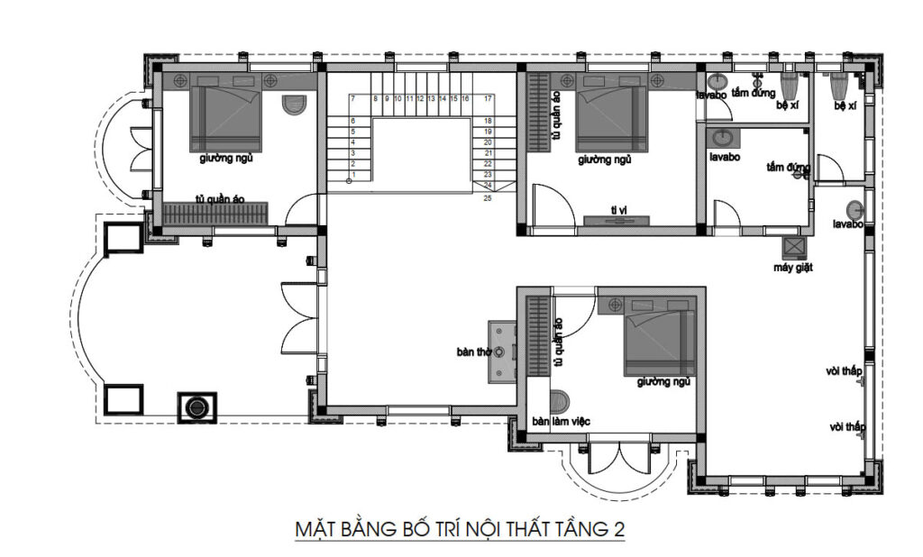 Tầng 2 trong thiết kế biệt thự tân cổ điển được dành trọn cho không gian nghỉ ngơi và tái tạo năng lượng