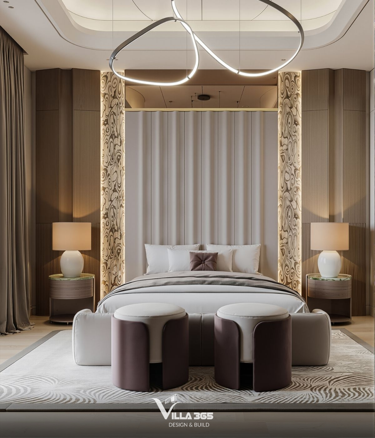 Những đường cong ngẫu hứng phá vỡ sự nghiêm cẩn của bố cục đối xứng, mang lại sự bay bổng và nét quyến rũ đương đại cho căn phòng