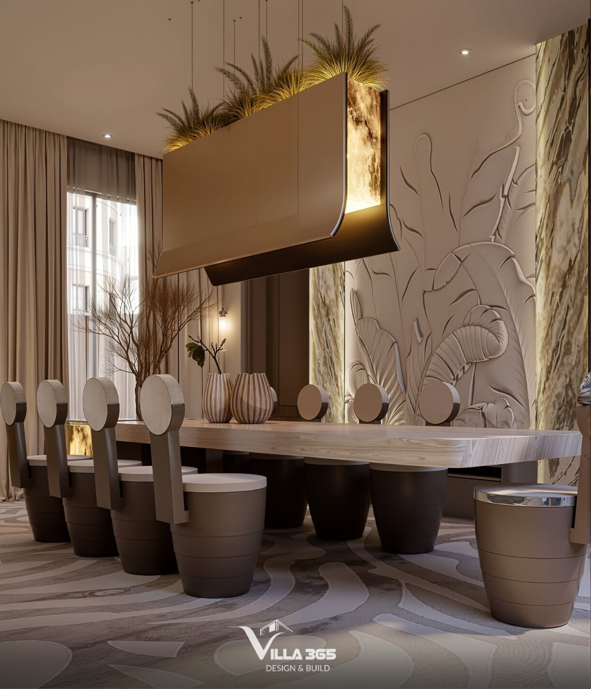 Yếu tố kiến trúc truyền thống được cách điệu tinh xảo, thể hiện ở mảng tường phù điêu đắp nổi hình lá chuối