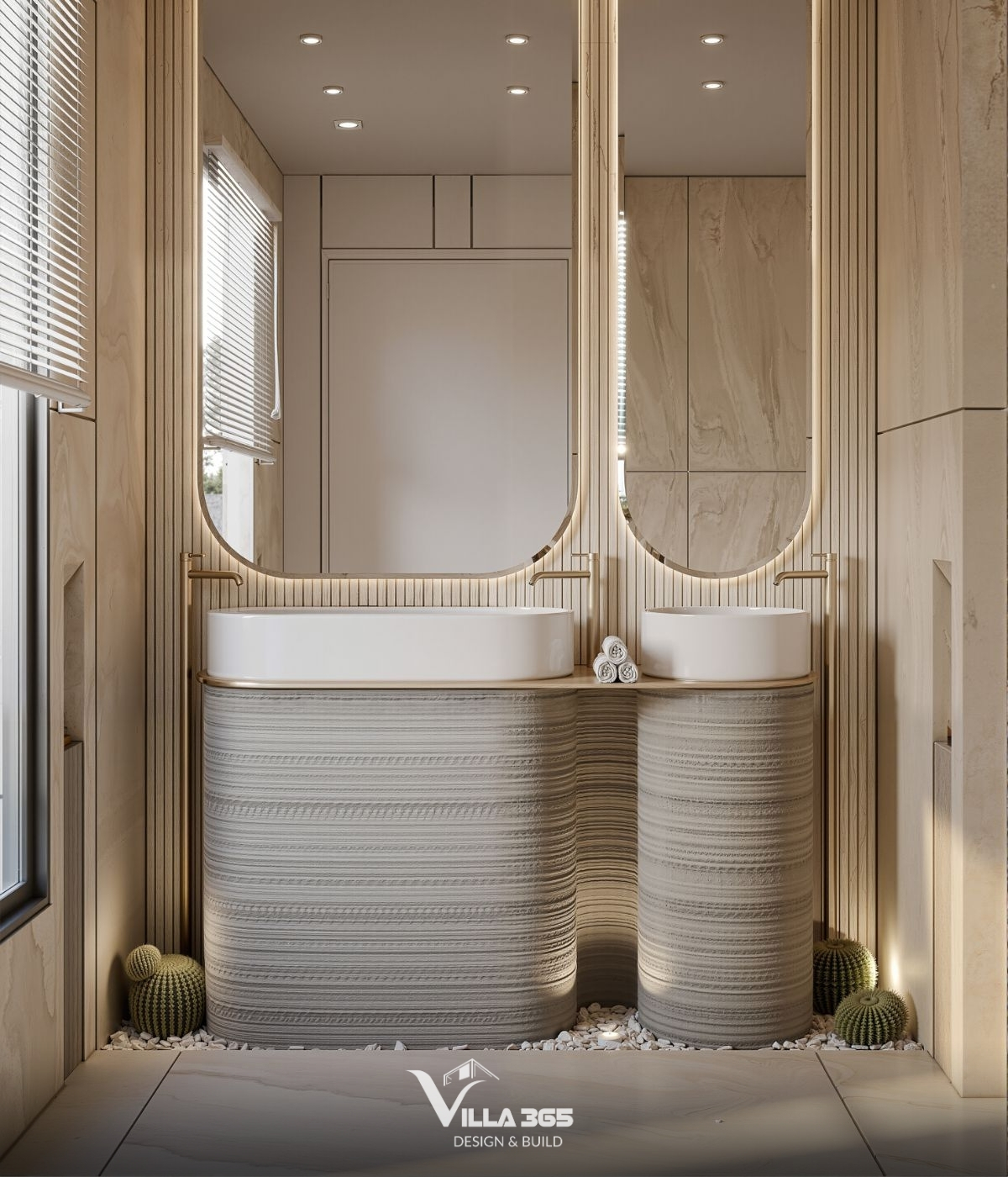 Phần chân đế chậu rửa được tạo hình từ những khối trụ bo tròn đồng tâm với bề mặt nhám sần, gợi liên tưởng đến những lớp phù sa bồi đắp