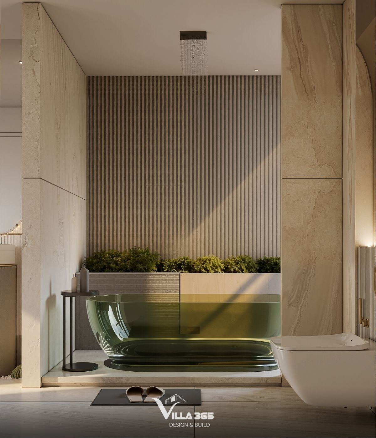 Chiếc bồn tắm được đúc từ kính màu xanh rêu trong suốt với những đường cong elip uốn lượn mềm mại