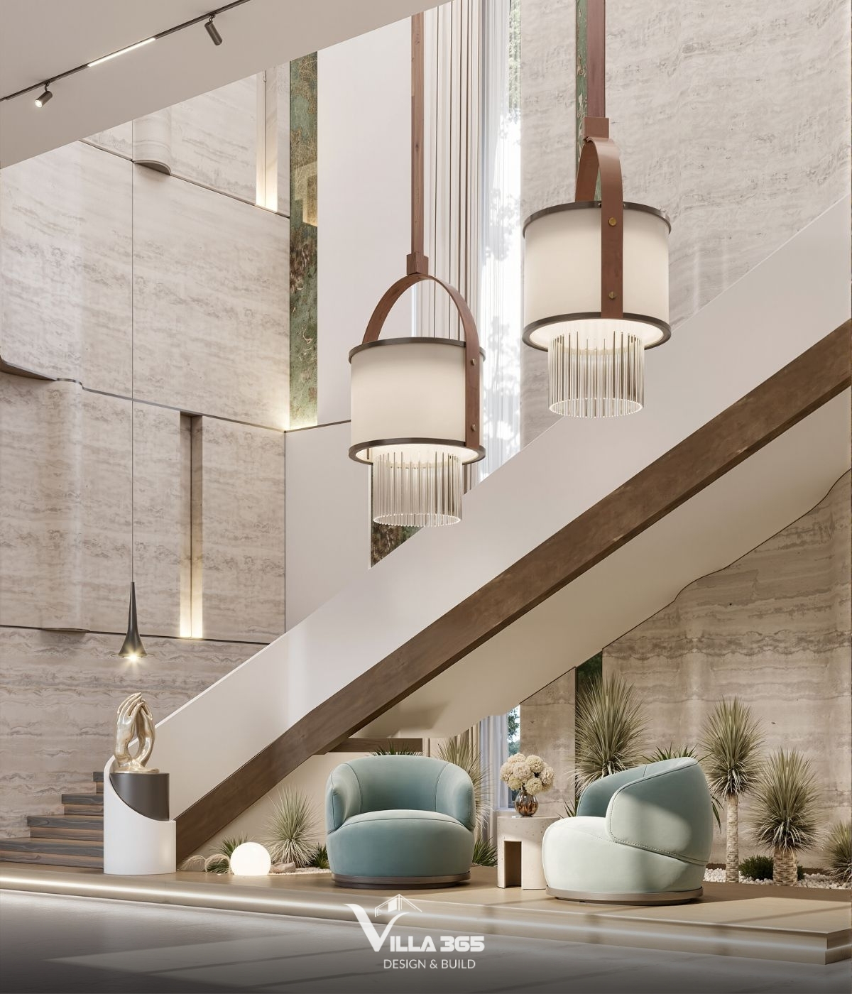 Mảng tường thông tầng với đường cong được sử dụng có kiểm soát nhằm làm mềm hóa các khối kiến trúc vuông vức, tạo cảm giác dễ chịu