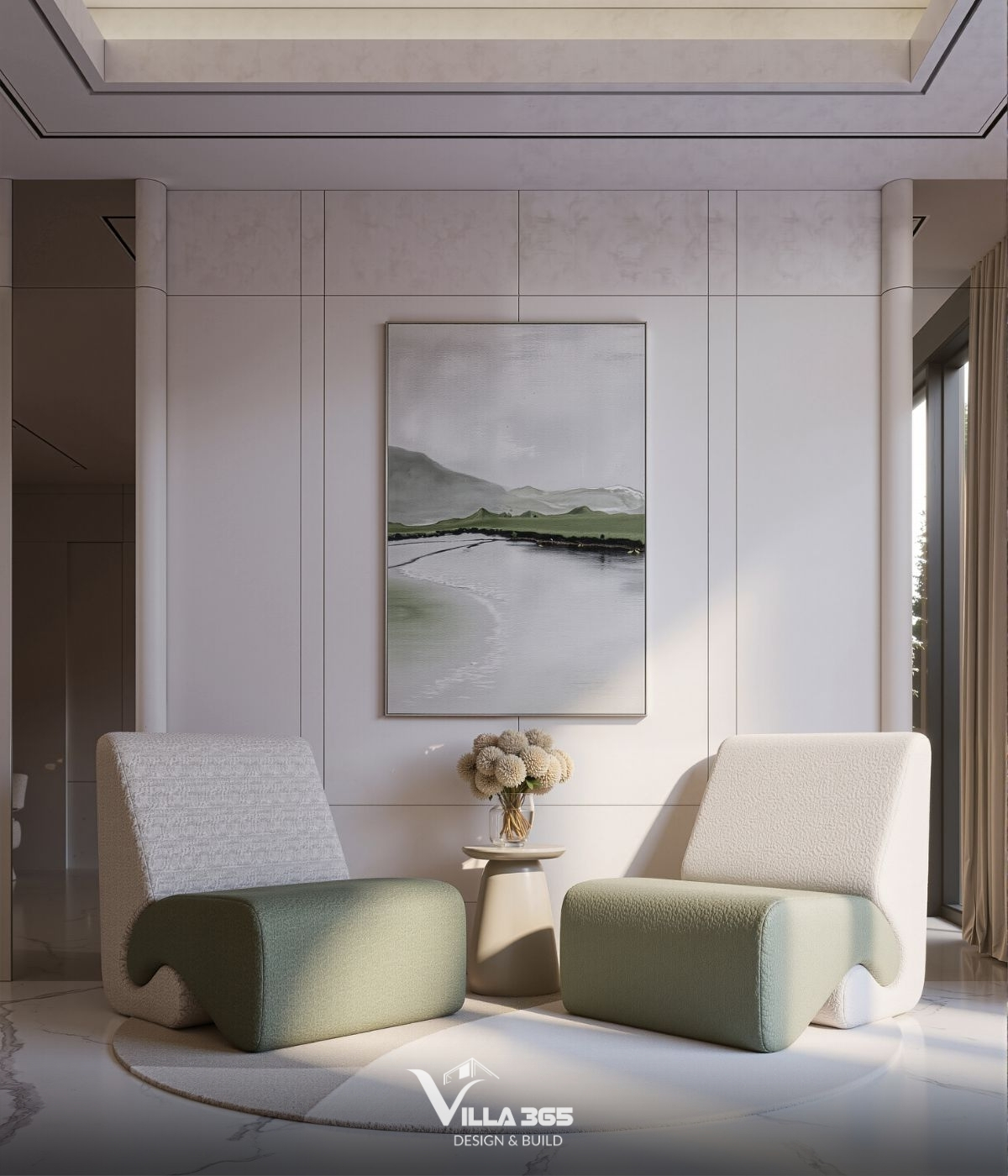 Cặp ghế bành với hình khối hữu cơ độc đáo, phối màu màu xanh rêu và tựa lưng trắng kem tạo nên sự tương phản nhẹ nhàng