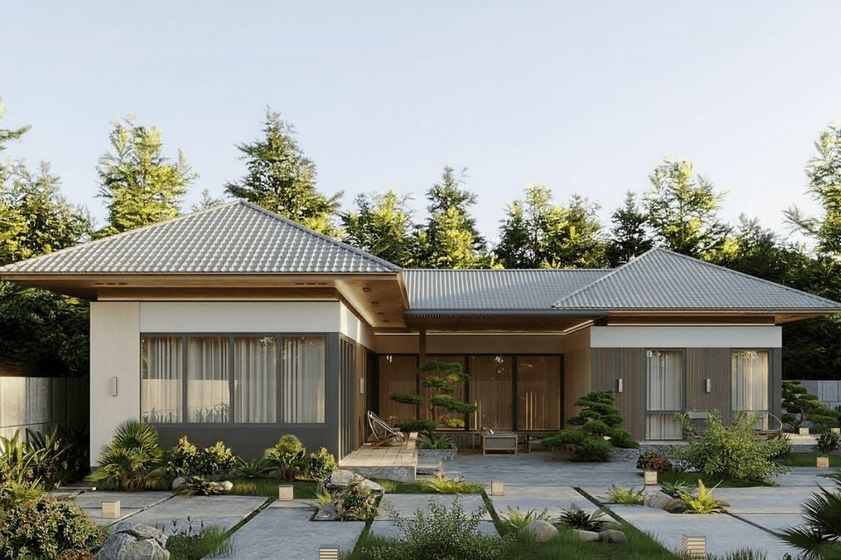 Với sân vườn bao quanh, nhà phong cách Nhật 1 tầng tạo nên không gian sống thư thái và cân bằng (Ảnh: Sưu tầm)