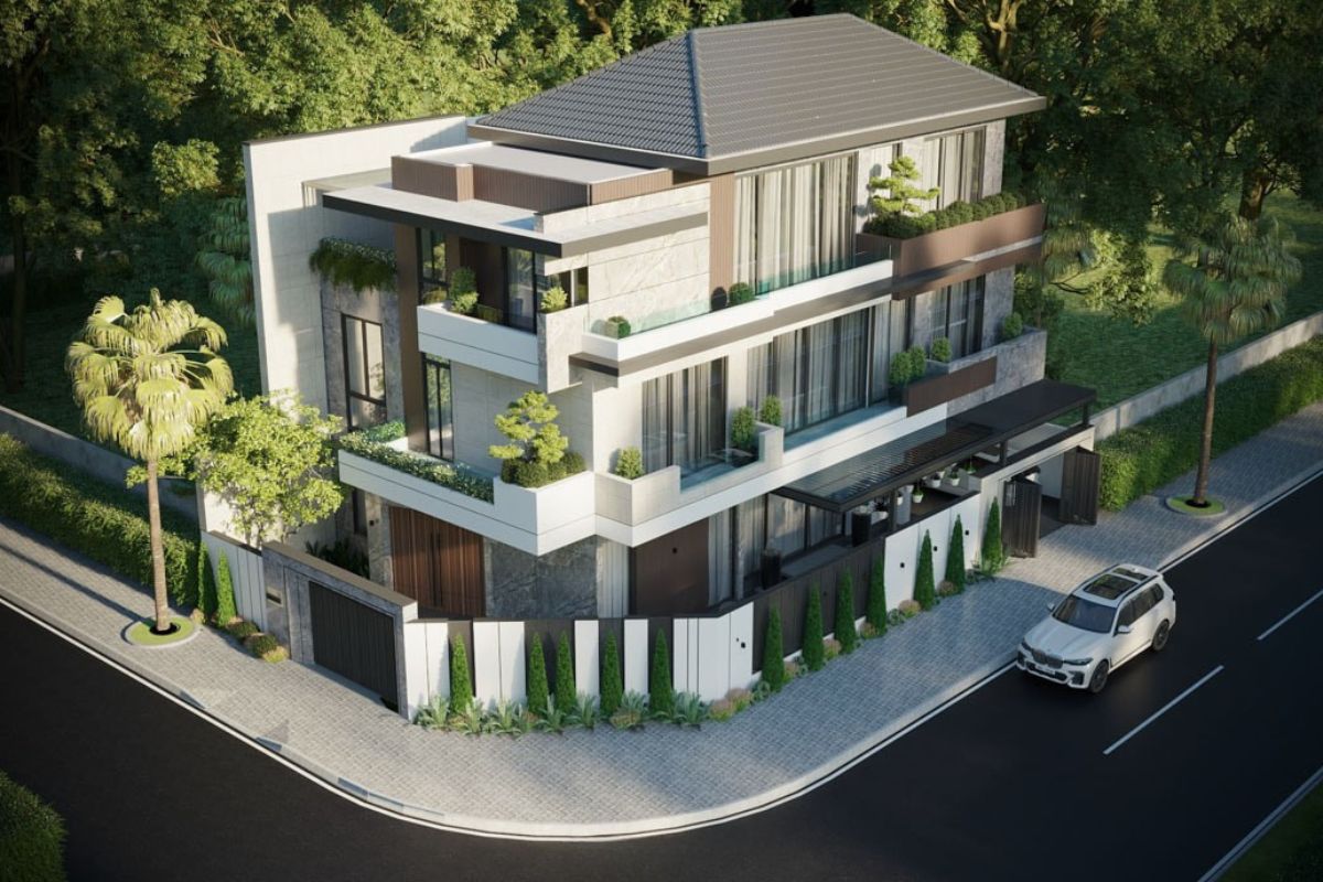 Thiết kế biệt thự phong cách Nhật Bản tận dụng tối đa lợi thế vị trí góc (Ảnh: Sưu tầm)