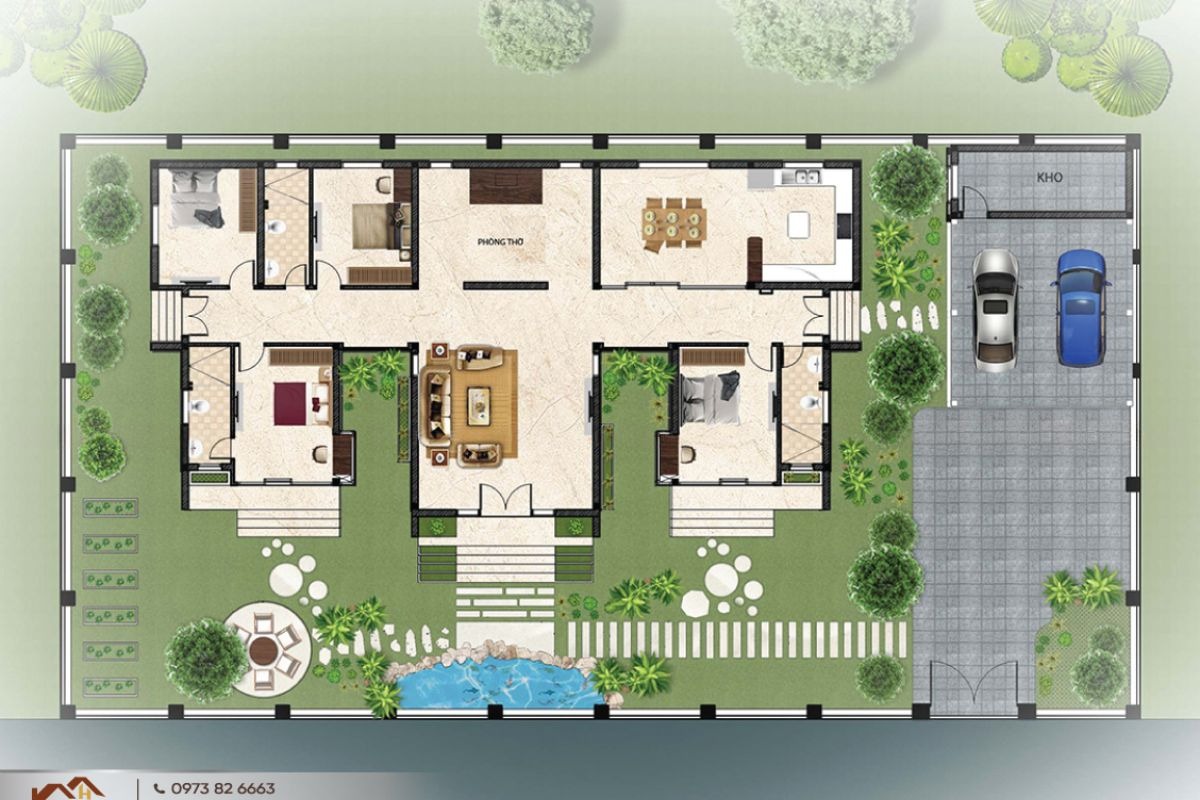 99+ Mẫu mặt bằng biệt thự 200m2 đẹp & bảng dự toán chi phí chi tiết 2026 9 Phương án mặt bằng biệt thự 1 tầng 200m² kết hợp phòng khách, bếp – ăn và khu vực phòng ngủ riêng tư. ( Ảnh: Sưu tầm )