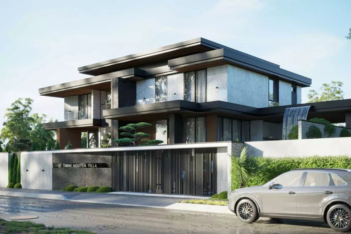 Kính, đá ốp và lam nhôm giúp ngoại thất biệt thự 1 trệt 1 lầu hiện đại trở nên sang trọng và nổi bật hơn (Ảnh: Sưu tầm)