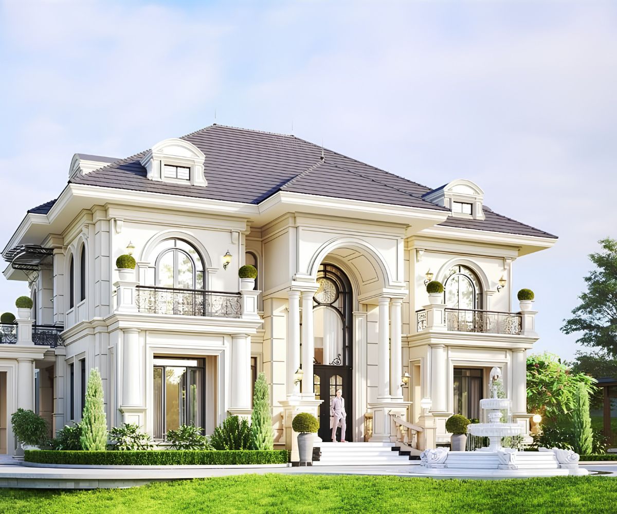 Tông màu kem, trắng và vàng champagne giúp ngoại thất biệt thự tân cổ điển thêm quý phái và nổi bật (Ảnh: Sưu tầm)