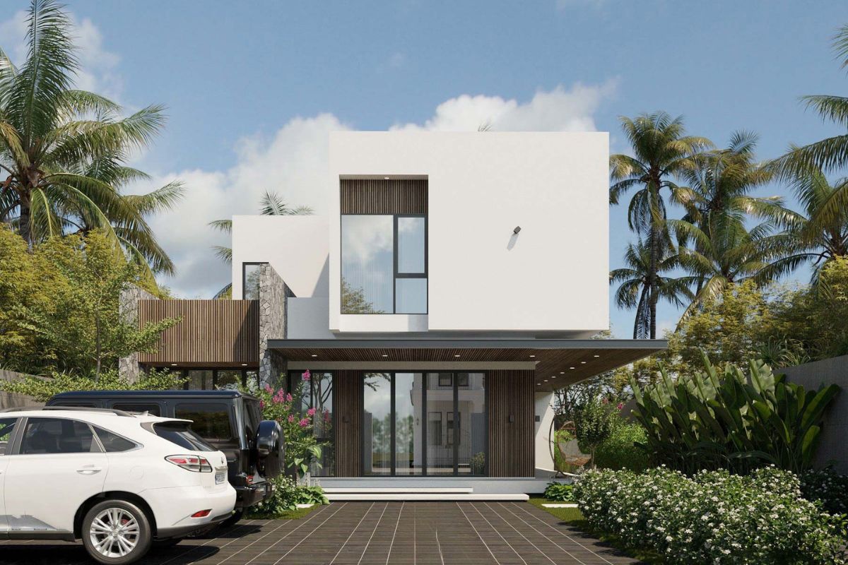Sự kết hợp kính và đá ốp giúp biệt thự mái bằng thêm chiều sâu thẩm mỹ (Ảnh: Sưu tầm)