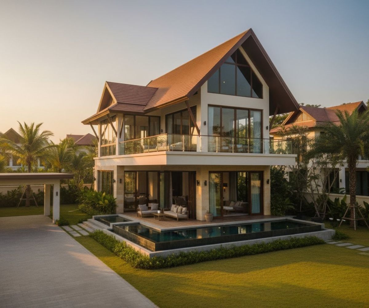 Thiết kế mở liên kết phòng khách và hồ bơi tạo cảm giác thư giãn xuyên suốt (Ảnh: Sưu tầm)