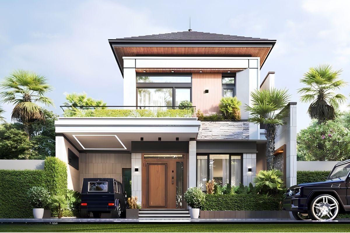 Mảng xanh giúp khu vực gara trở nên mềm mại và hài hòa với tổng thể kiến trúc (Ảnh: Sưu tầm)