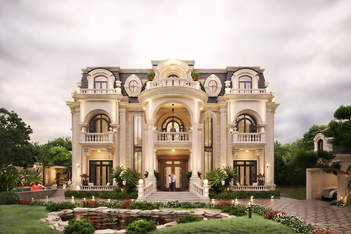 Gam màu tinh tế giúp tôn vinh vẻ đẹp của biệt thự 2 tầng mái Mansard (773m2 - Quận 9 - CĐT: Anh Hưng) theo chuẩn kiến trúc cổ điển châu Âu (Ảnh: Sưu tầm)