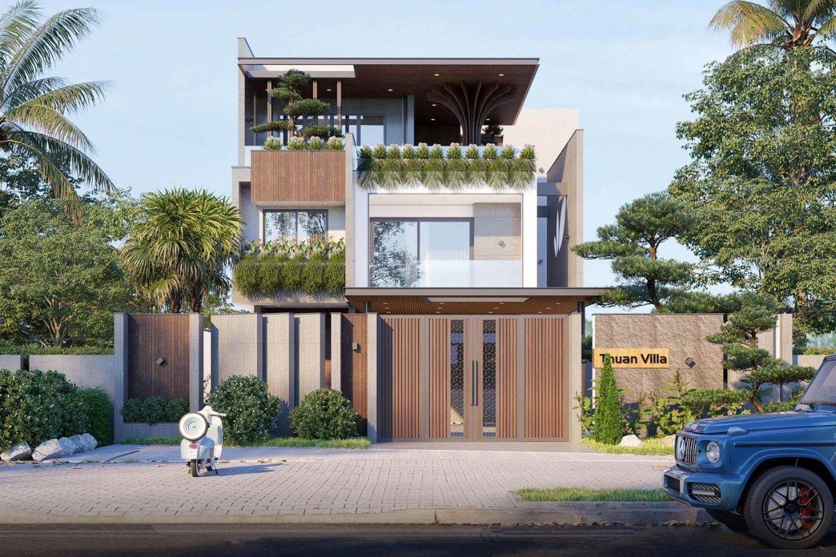 99+ Mẫu biệt thự 200m2 đẹp & bảng dự toán chi phí chi tiết 2026 2 Biệt thự 200m2 hiện đại chú trọng tỷ lệ hình khối và đường nét chắc khỏe, vuông vắn (Ảnh: Sưu tầm)