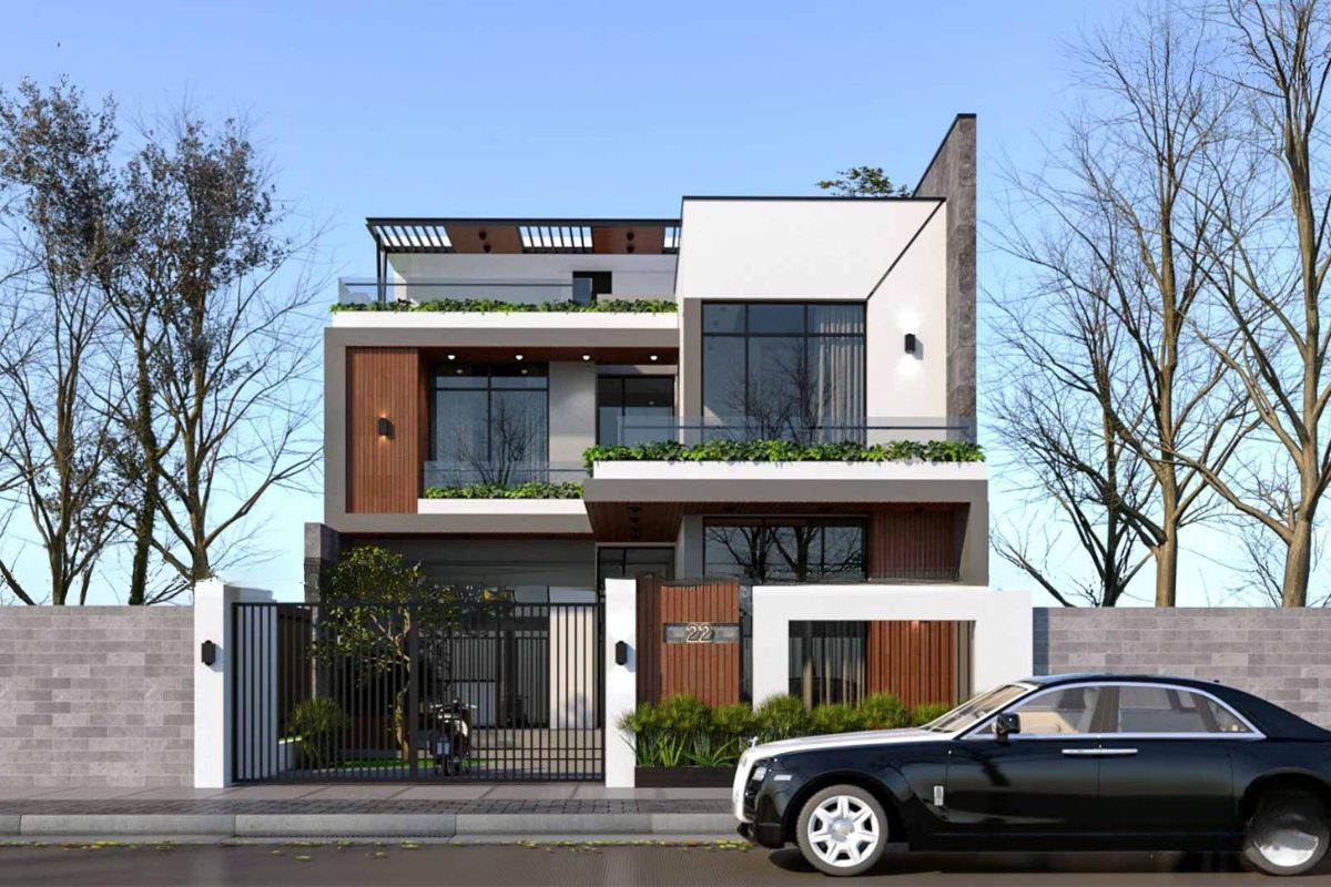 99+ Mẫu biệt thự 200m2 đẹp & bảng dự toán chi phí chi tiết 2026 4 Biệt thự 200m2 phong cách tối giản giản lược chi tiết thừa, tôn vinh chất cảm vật liệu tinh tế (Ảnh: Sưu tầm)