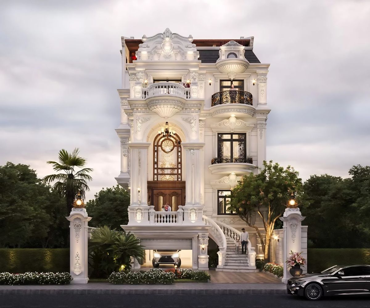 99+ Mẫu biệt thự 200m2 đẹp & bảng dự toán chi phí chi tiết 2026 9 Biệt thự diện tích 200m2 kiểu Pháp nổi bật với đường nét cầu kỳ, mang lại giá trị thẩm mỹ vượt thời gian (Ảnh: Sưu tầm)