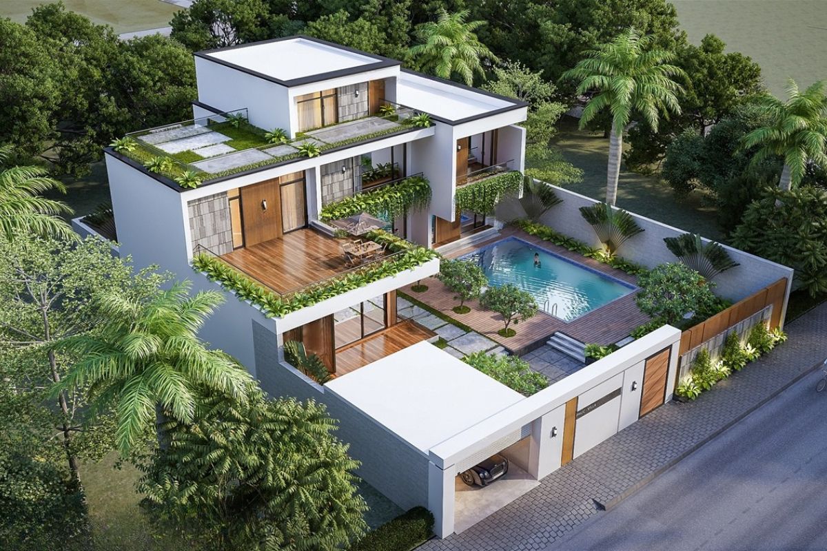 99+ Mẫu biệt thự 200m2 đẹp & bảng dự toán chi phí chi tiết 2026 15 Biệt thự 200m2 có hồ bơi kết hợp sân vườn xanh tạo nên không gian sống nghỉ dưỡng ngay trong chính ngôi nhà (Ảnh: Sưu tầm)