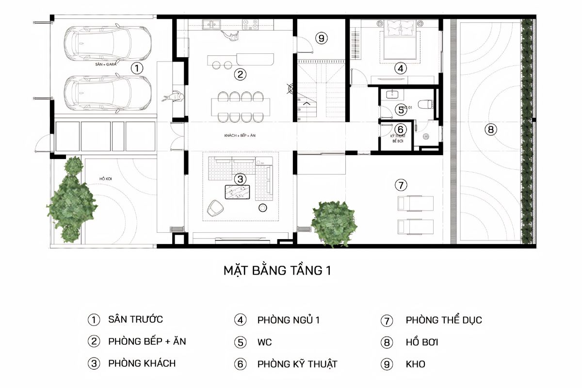 Bố trí tầng 1 trong nhà 3 tầng nhiều phòng ngủ đảm bảo tiện nghi cho người lớn tuổi (Ảnh: Sưu tầm)