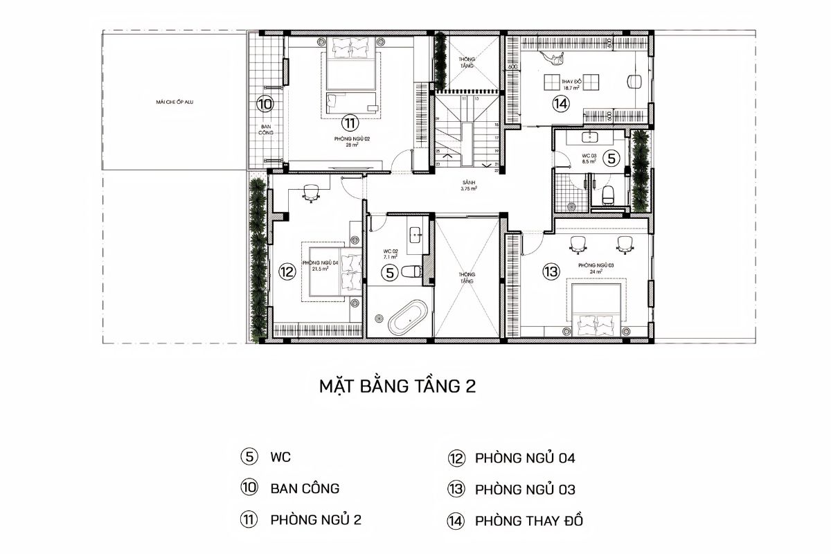 Thiết kế nhà 5 phòng ngủ hiện đại với tầng 2 là trung tâm kết nối gia đình (Ảnh: Sưu tầm)