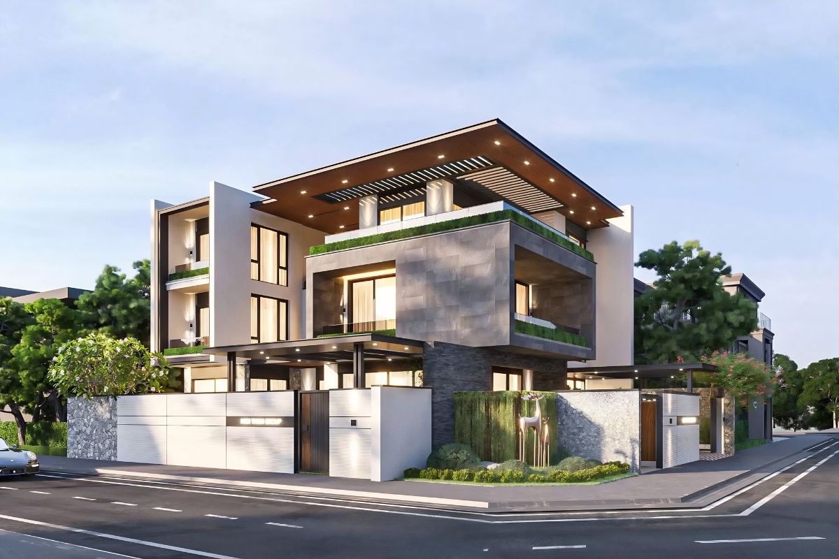 Mẫu biệt thự 3 tầng mái bằng đẹp hiện đại, kèm bản vẽ & báo giá (cập nhật 2026) 8 Giải pháp mặt đứng ấn tượng cho thiết kế biệt thự mái bằng tại khu đô thị (Ảnh: Sưu tầm)