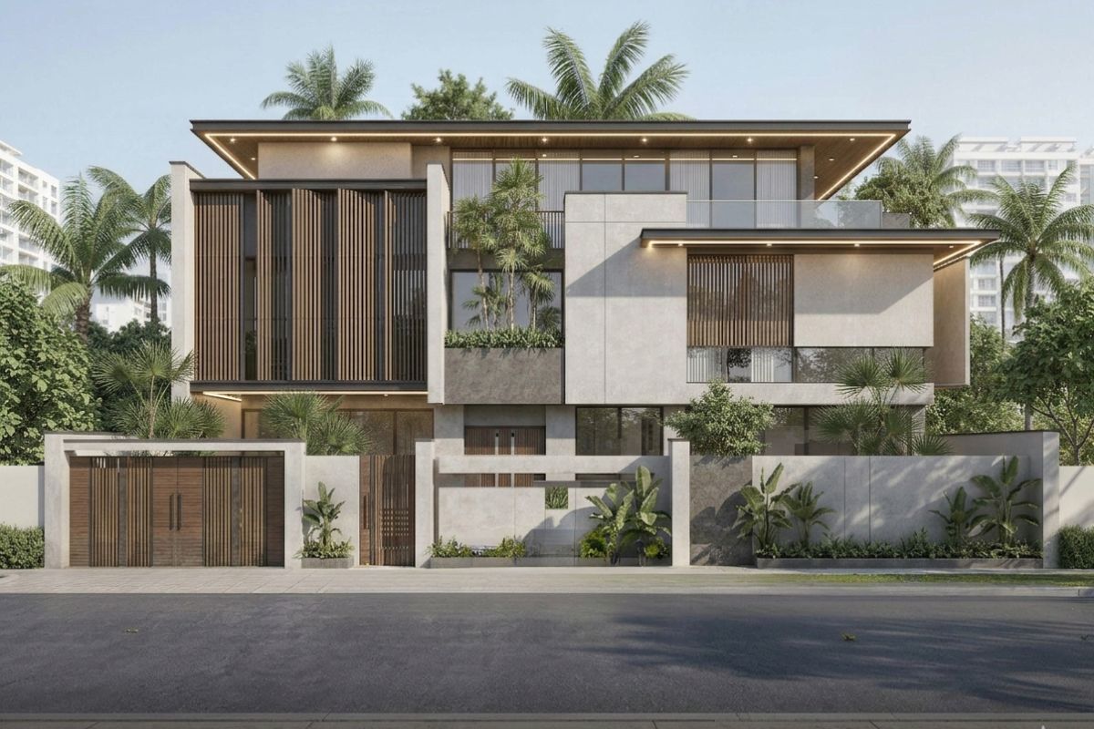 Mẫu biệt thự 3 tầng mái bằng đẹp hiện đại, kèm bản vẽ & báo giá (cập nhật 2026) 12 Biệt thự mái bằng hiện đại phong cách Tropical – Sống xanh giữa đô thị